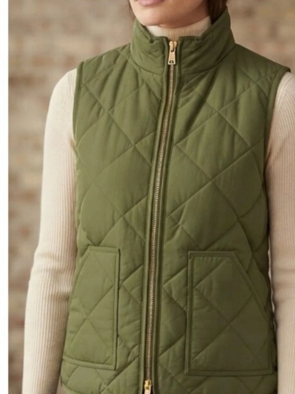 J.Crew Quilted Puffer Vest in olive green, size Large.